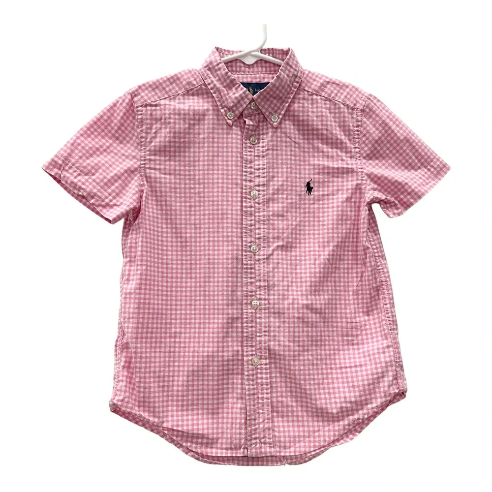 Ralph Lauren Boys Pink Gingham Short Sleeve Button Down Shirt Size 6 Cotton